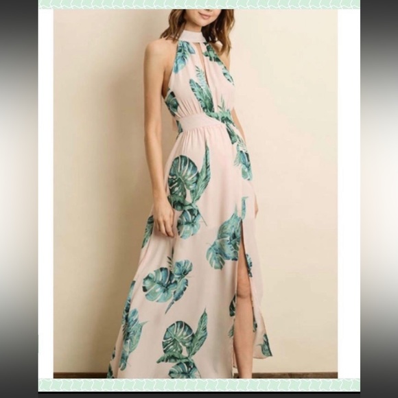 Dress Forum LA Monstera Open Back Pink Maxi Dress w Palm/Philodendron Print Lg - Picture 3 of 17